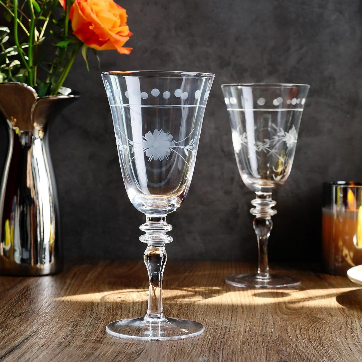 Premium Delight Wine Glasses Set of 4, 14.2 oz – Hand-Blown with Etched Long Stem, Classic