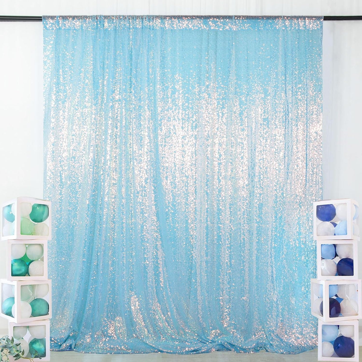 ShinyBeauty Iridescent Aqua Sequin Backdrop Curtain 5FTx10FT 2 Panels Photo Backdrops Blue Backdrop