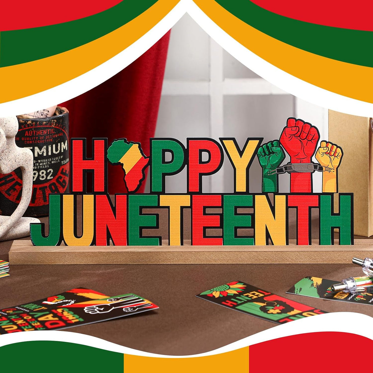 Happy Juneteenth Metal Sign Rustic Table Decor Holiday Tiered Tray Decor with Wooden Base