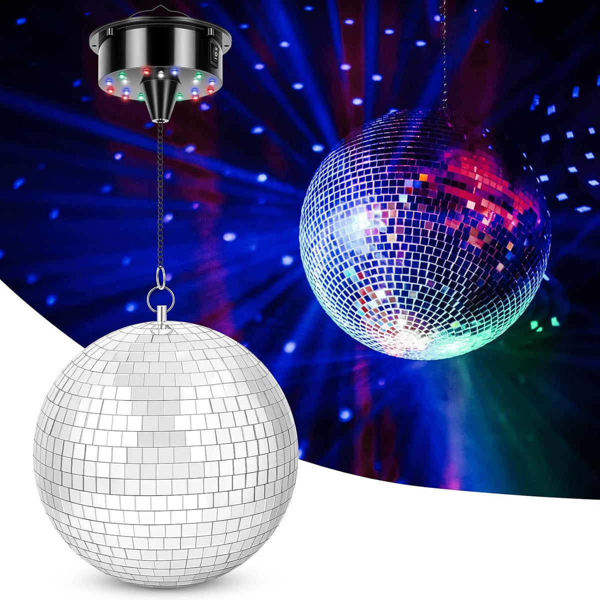 Disco Ball with Motor and Light, 8" Hanging Mirror Ball and 6RPM Batteries Powered Rotating Motor
