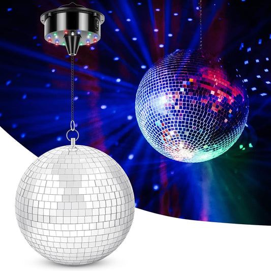 Disco Ball with Motor and Light, 8" Hanging Mirror Ball and 6RPM Batteries Powered Rotating Motor