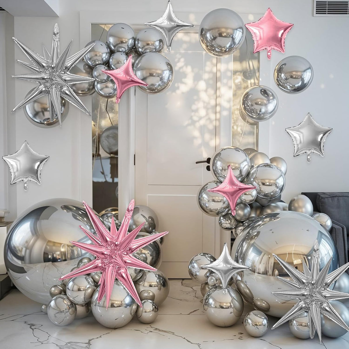 Pink Silver Star Balloon,16Pcs Star Foil Balloons Set with 22Inch Explosion Spike Cone Balloons and