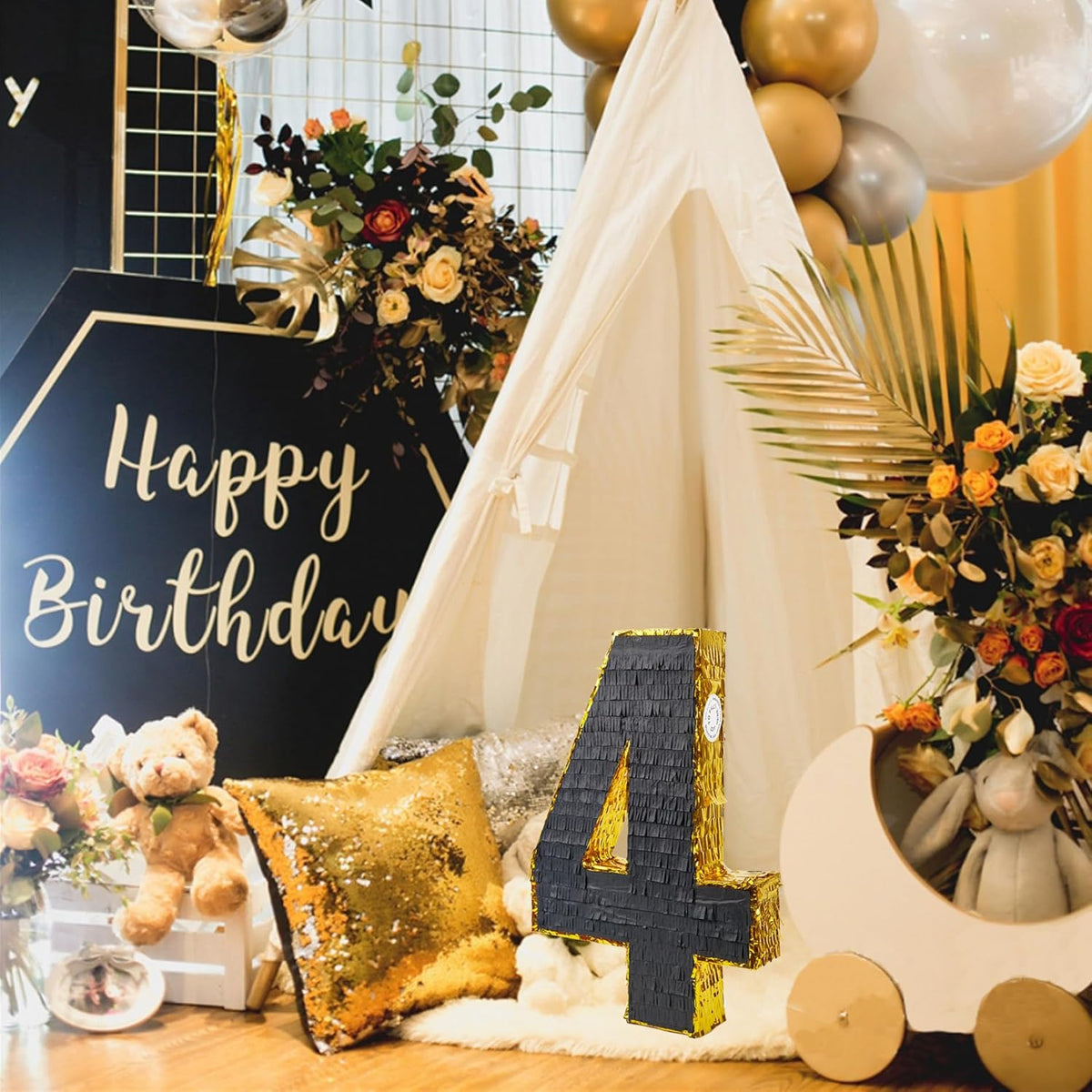 PCFING 20 Inch Number 4 Piñata Gold Black with 30 Inch Piñata Stick Blindfold Confetti for Man