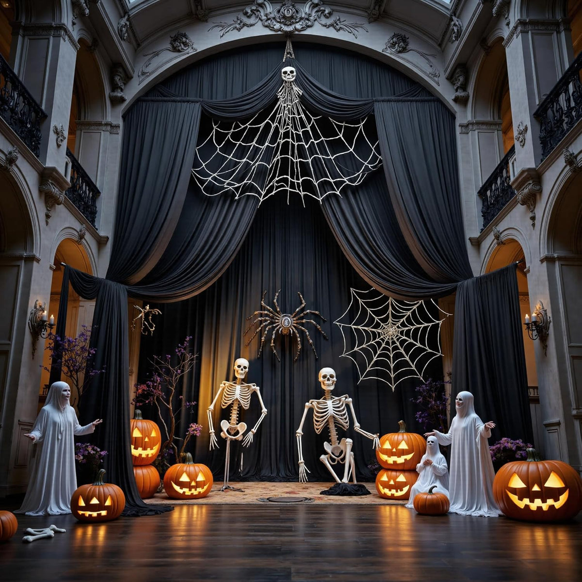 PartyVillage 50ft×15ft Black Backdrop Curtain for Halloween Parties, 10 Panels Wrinkle Free 15 FT