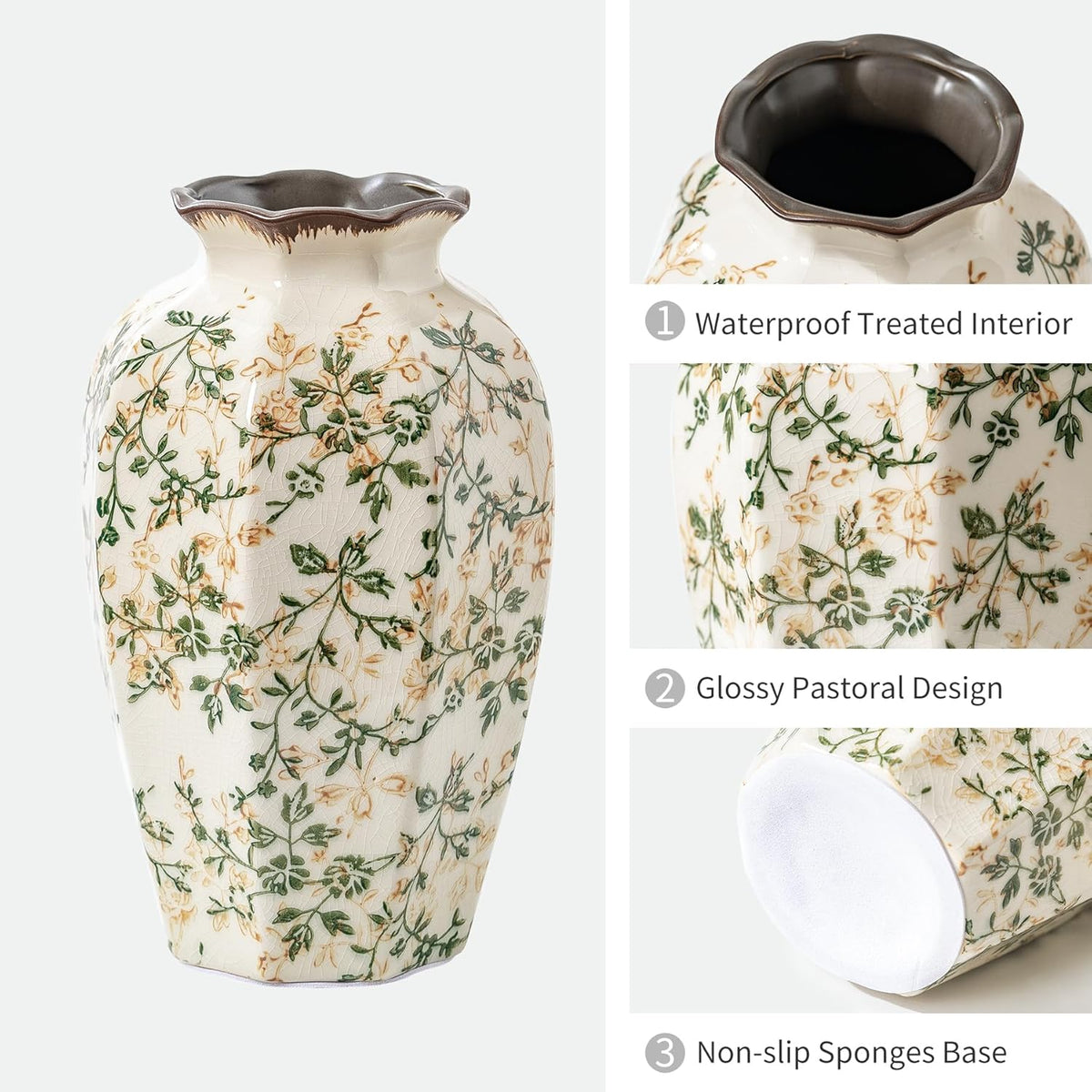 Vintage Pastoral Octagonal Vase, Green and Beige Retro Ceramic Flower Vase, Rustic Farmhouse Vases