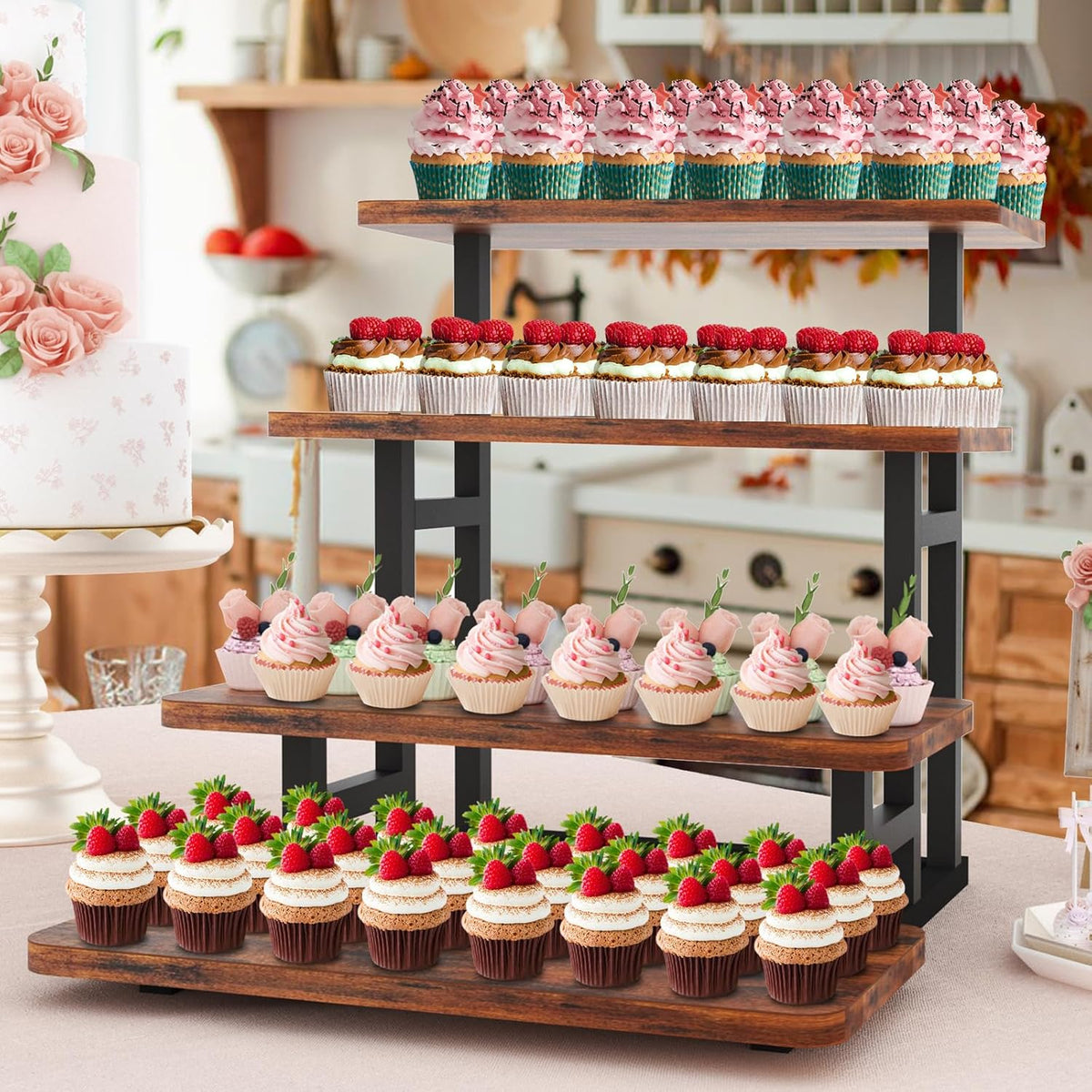 Lily Cupcake Stand for 50 Cupcakes, 2 PACK Wooden Dessert Table Display Set for Wedding Cupcake