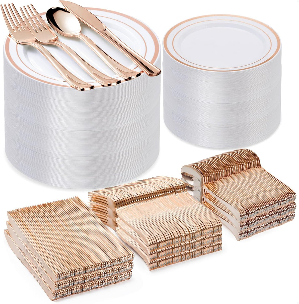 600PCS Rose Gold Plastic Plate Set (100 Guests), Plastic Plates for Party Wedding Birthday