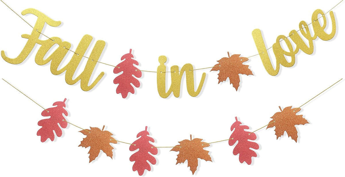 Uniwish Pre-Strung Fall in Love Banner Gold Glittery Garland Thanksgiving Fall Autumn Theme Wedding