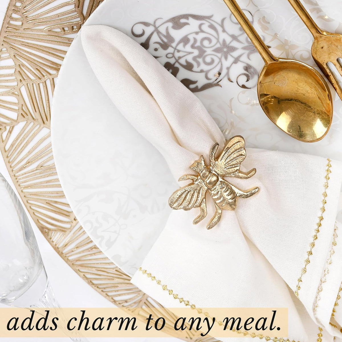 Gold Napkin Rings Set of 12 - Elegant Bee Napkin Rings with Sturdy Lightweight Metal Design