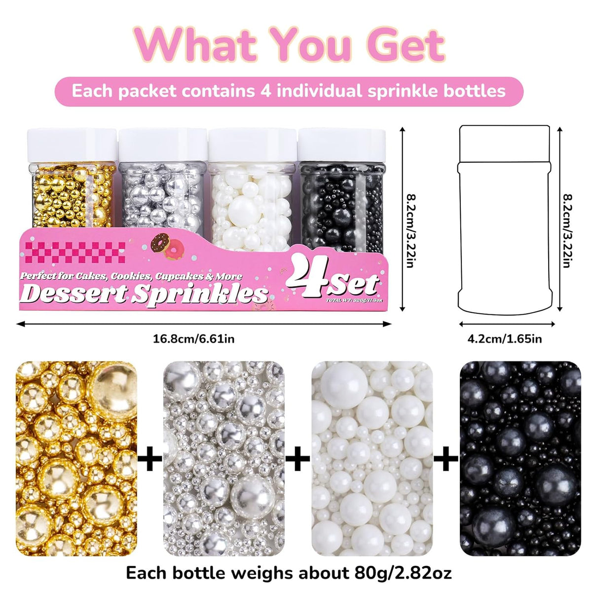 Pearl Sprinkles for Cake Decorating, 11.3 Oz Edible Pearls Sugar 4 Colors Gift Box Set for Baking