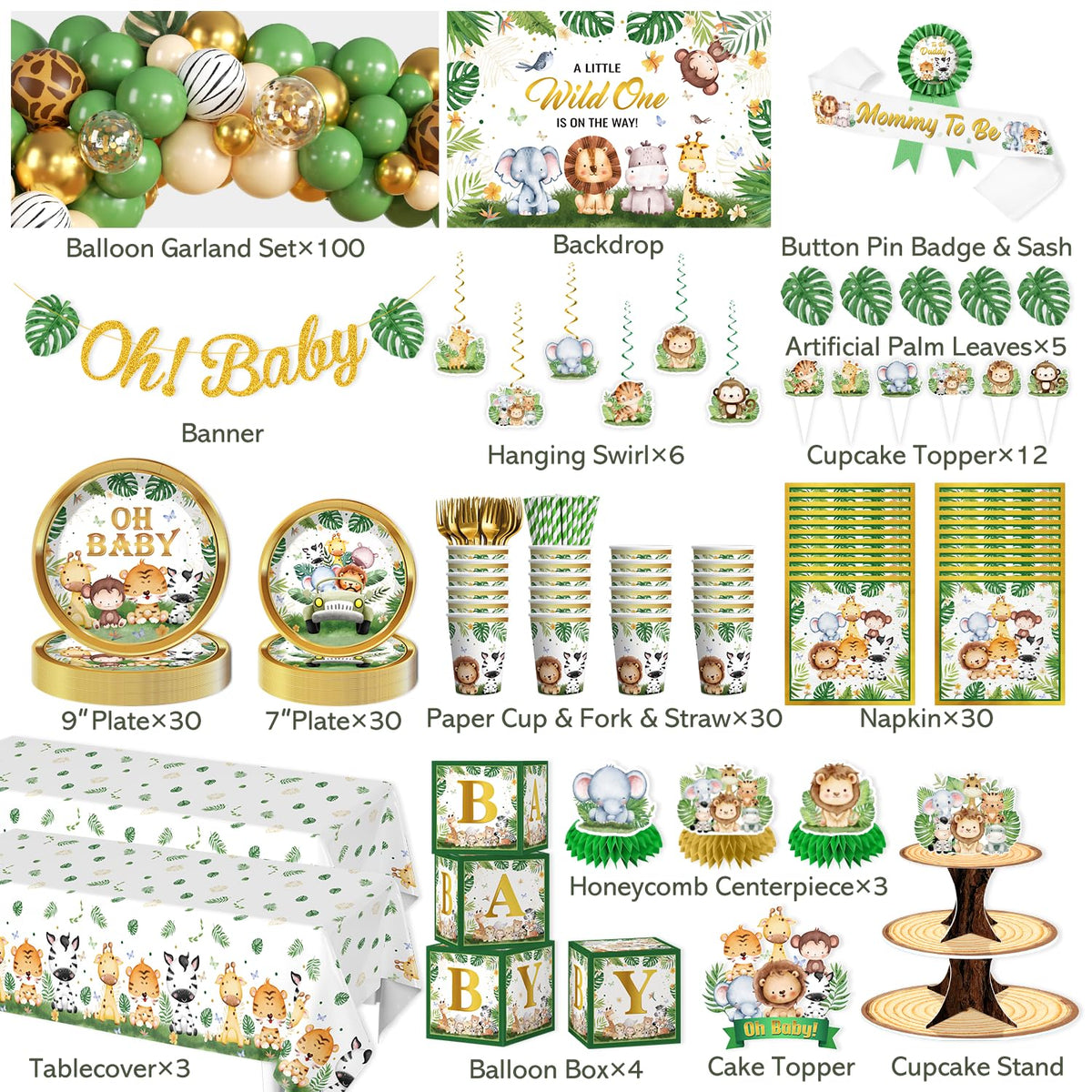 Safari Baby Shower Decorations Decorations, All-in-One Set for 30 Guests