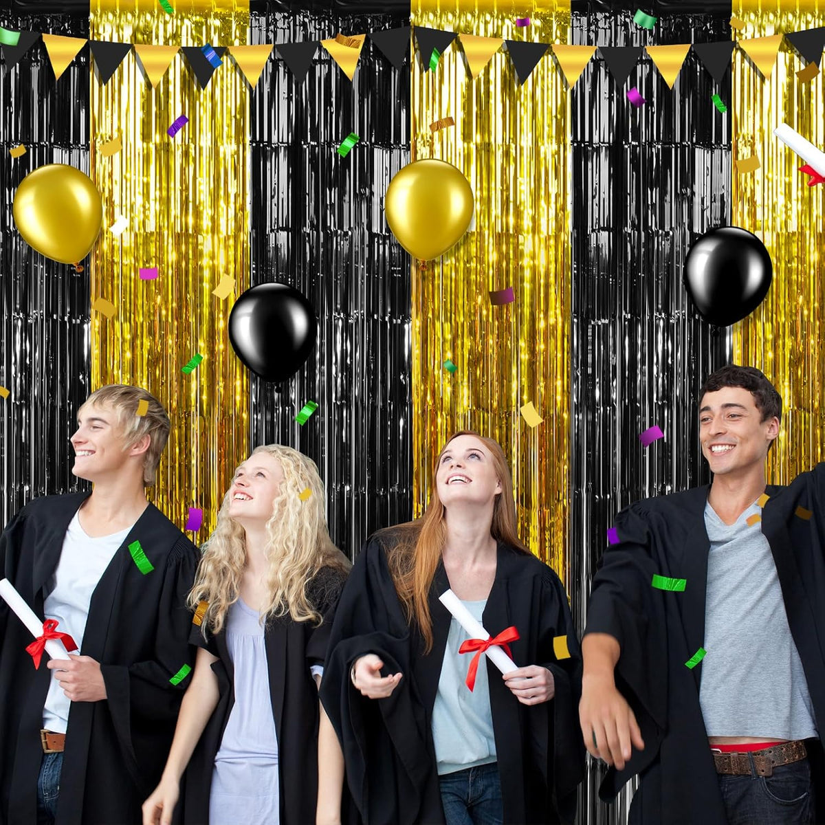 3Pack 3.3Ft x 6.6Ft Graduation Foil Fringe Curtain Backdrop Decorations, Black Gold Metallic Tinsel
