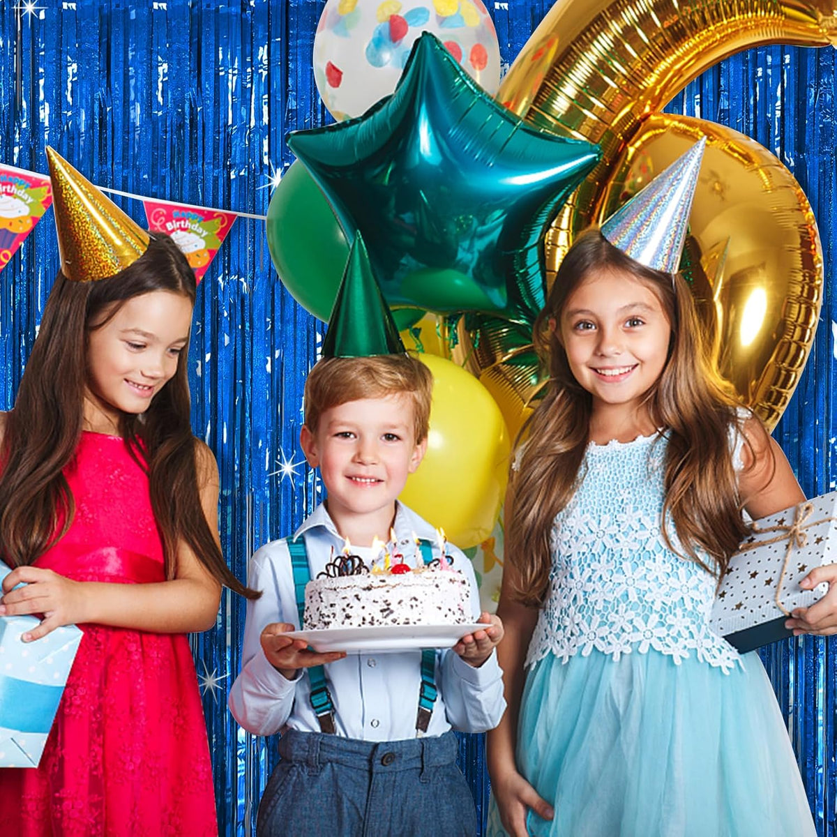 Tinsel Curtain Party Backdrop Blue Birthday Party Decorations 2 Packs Glitter Foil Fringe Curtain