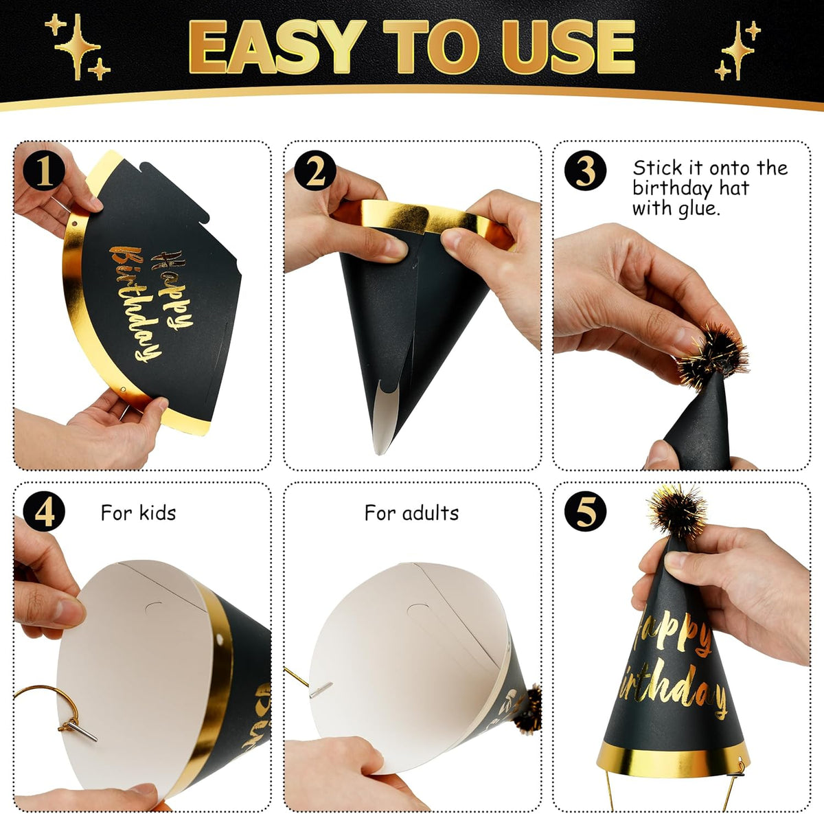 48 Pcs Gold Birthday Party Hats Gold Cone Hats Includes 16 Birthday Paper Hats and 32 Noise Makers