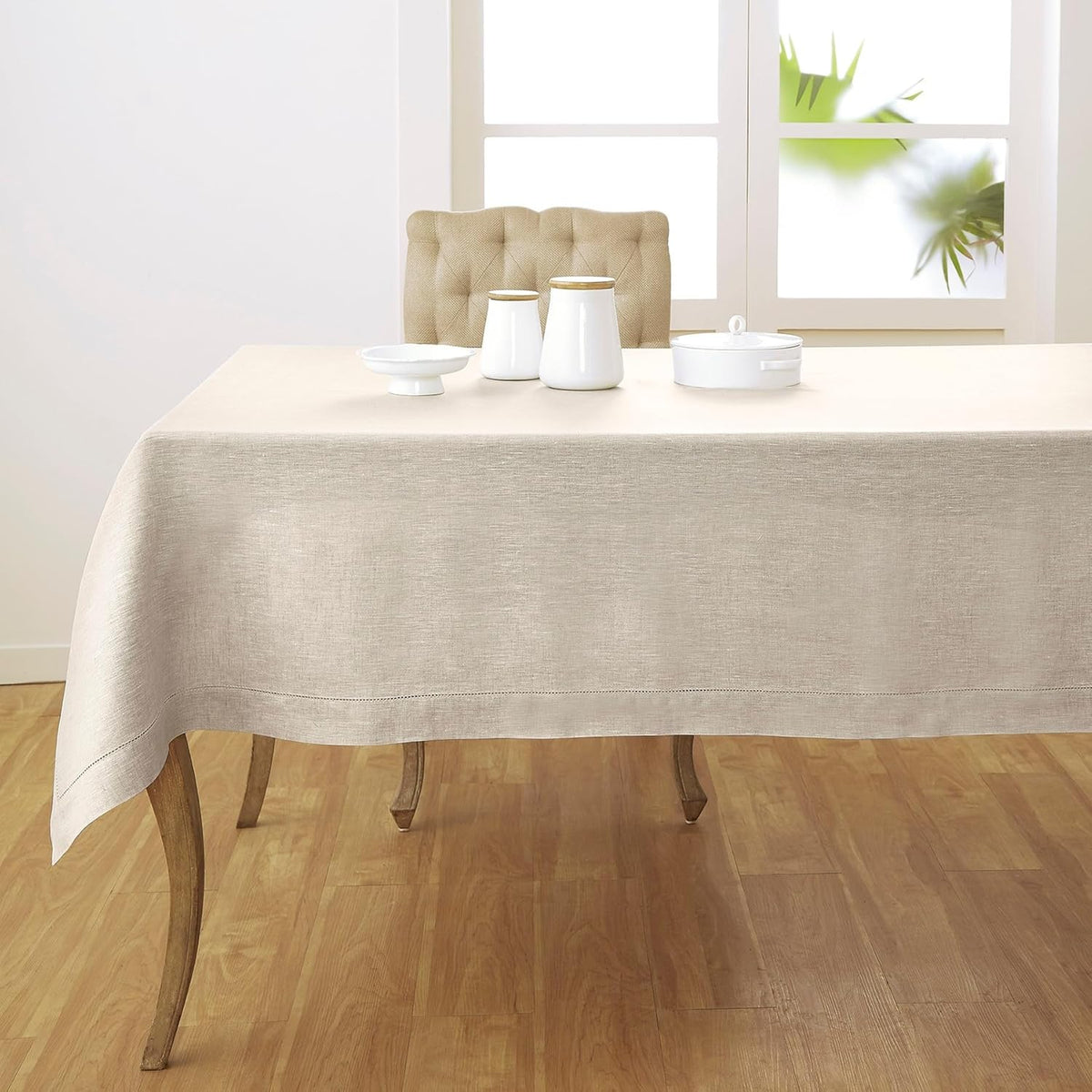 Solino Home Linen Tablecloth 60 x 156 Inch - Classic Hemstitch 100% Pure Linen Light Natural Table
