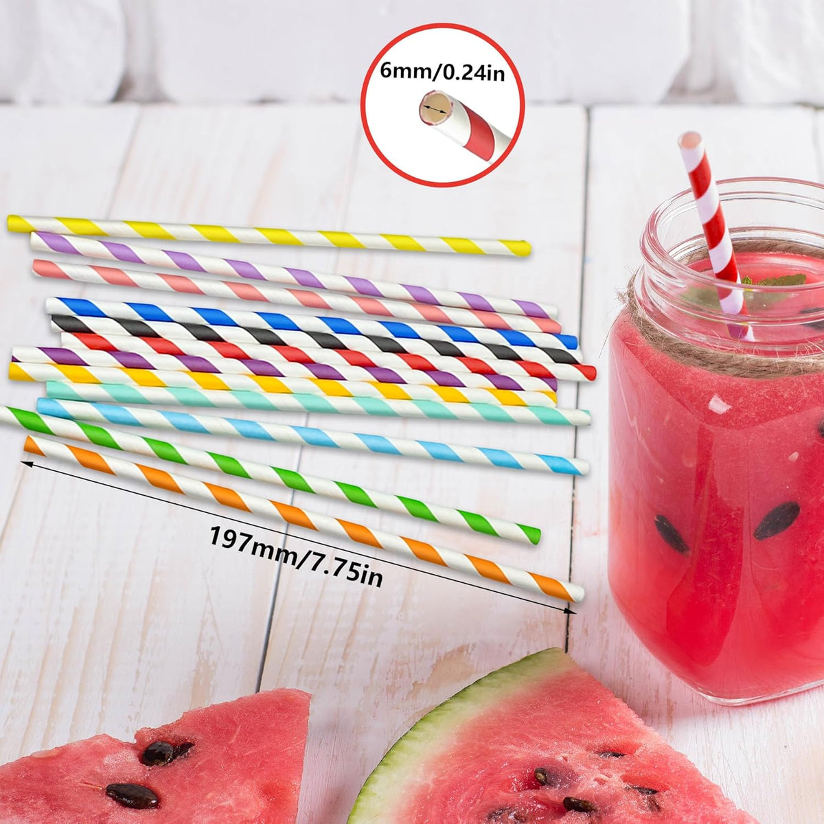 200 Striped Paper Straws, Biodegradable Disposable Drinking Colorful Straws for Birthdays, Coffee
