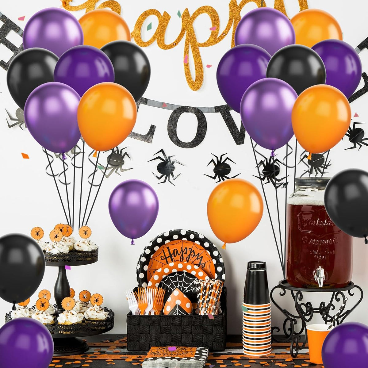 FunHot Halloween Party Balloons, 60Pcs Black Purple Orange Balloons, 12 Inch Metallic Purple Black