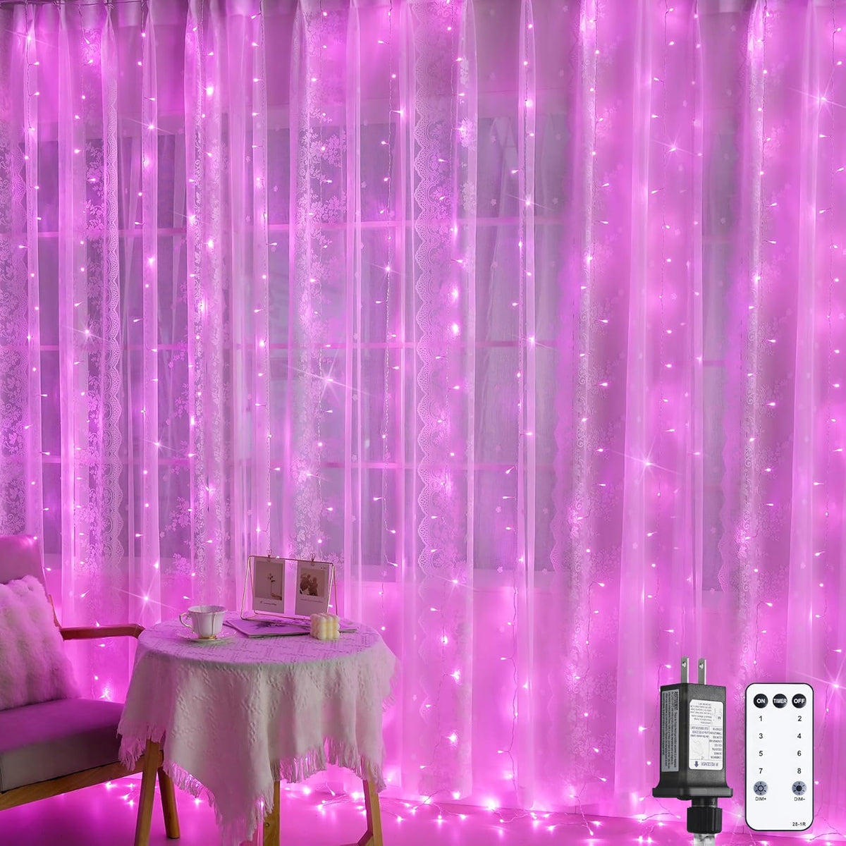 JMEXSUSS 300 LED Curtain Lights Plug in with Remote, 9.8X9.8FT Pink Christmas Lights Indoor, 8