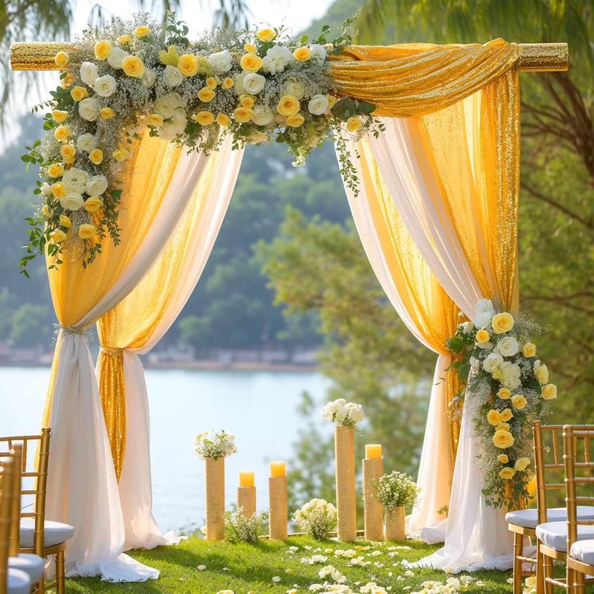 Wedding Arch Draping Fabric, 1 Panel 28" x19ft White Arch Drapes & 1 Panel 16" x19ft Gold Sequin