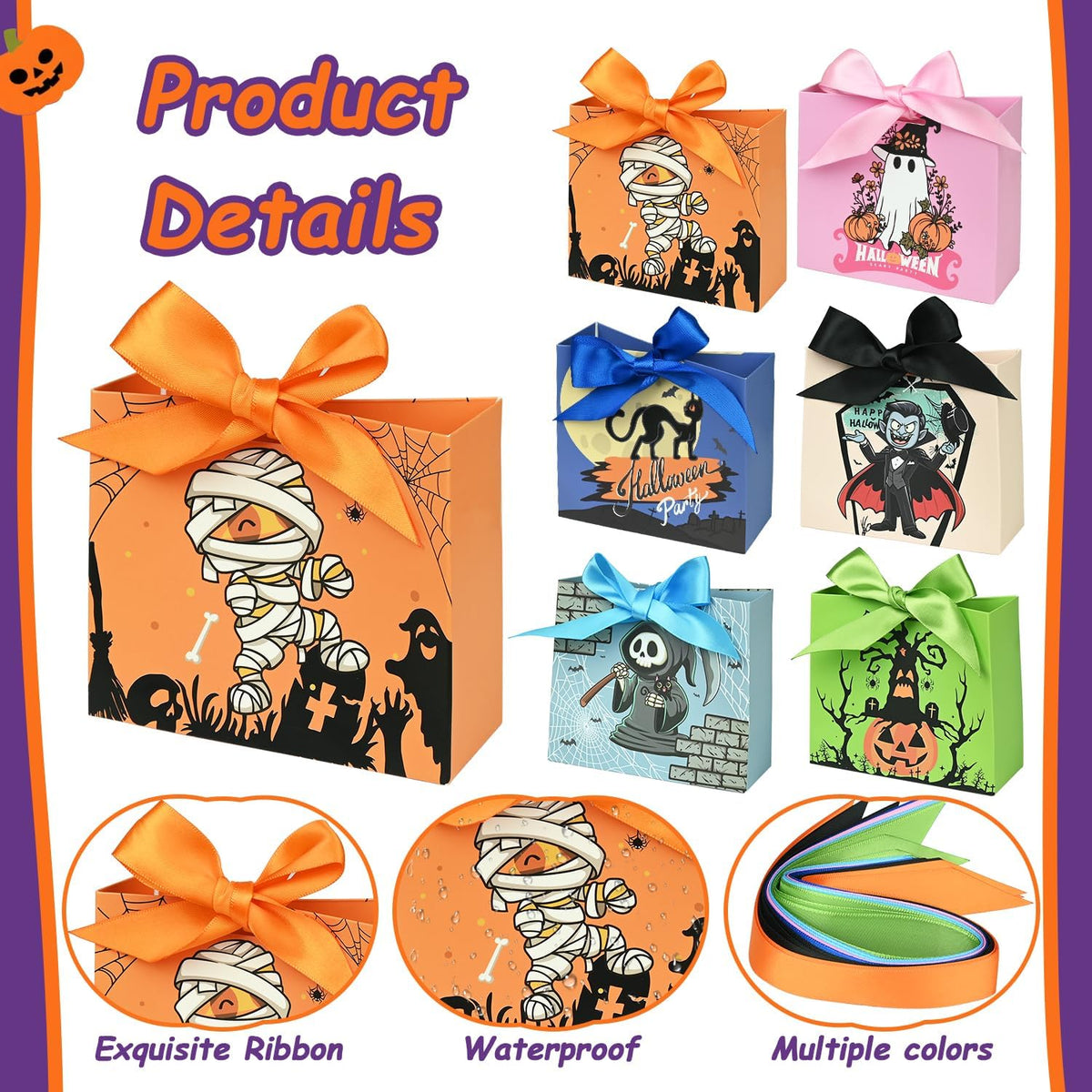24PCS Halloween Goodies Bags, Trick or Treat Candy Gift Paper Bags Bulk with Ribbons, Halloween