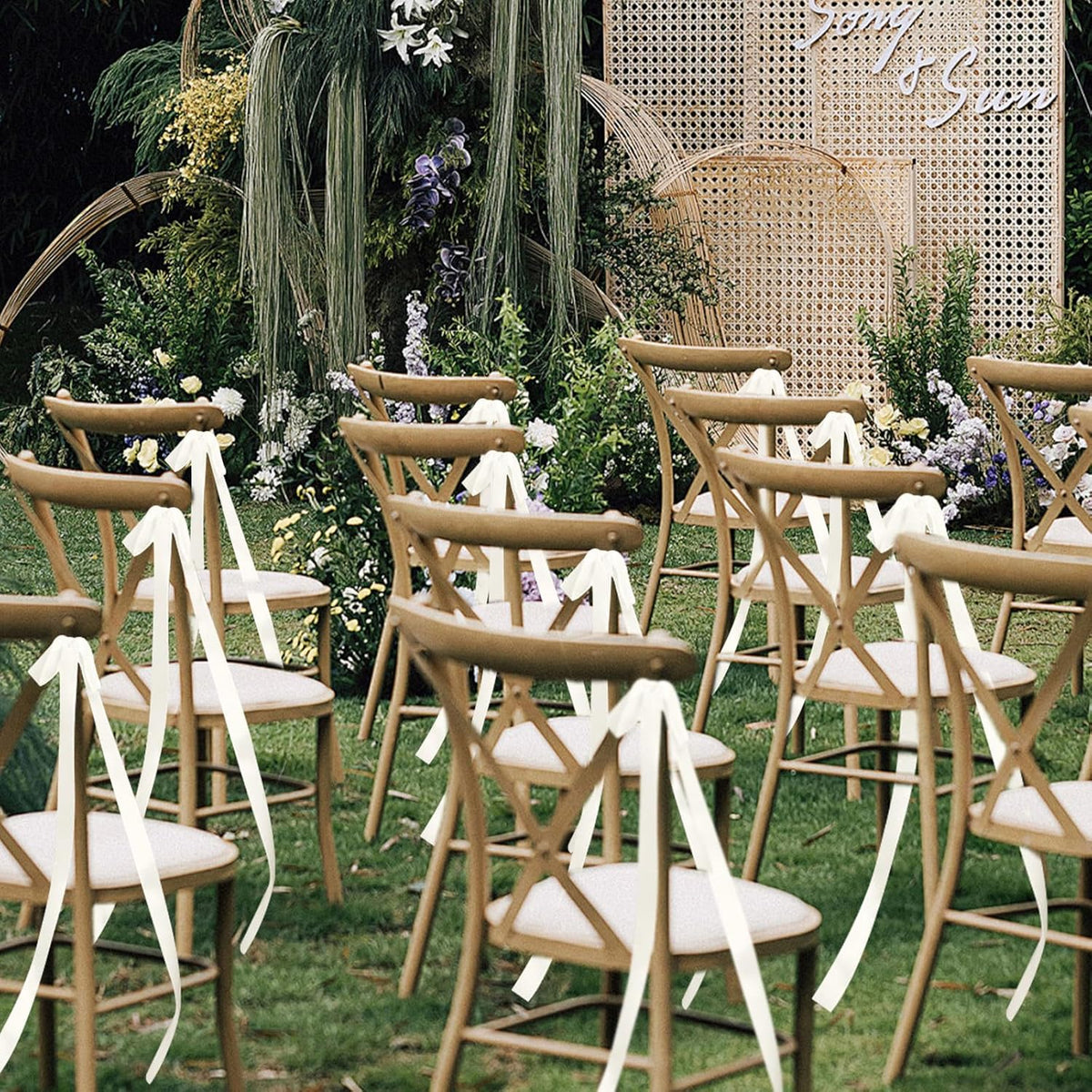 24 Pcs Large Wedding Ivory Ribbon Bows for Wedding Chairs Decorative Ribbon Sashes for Pew Back