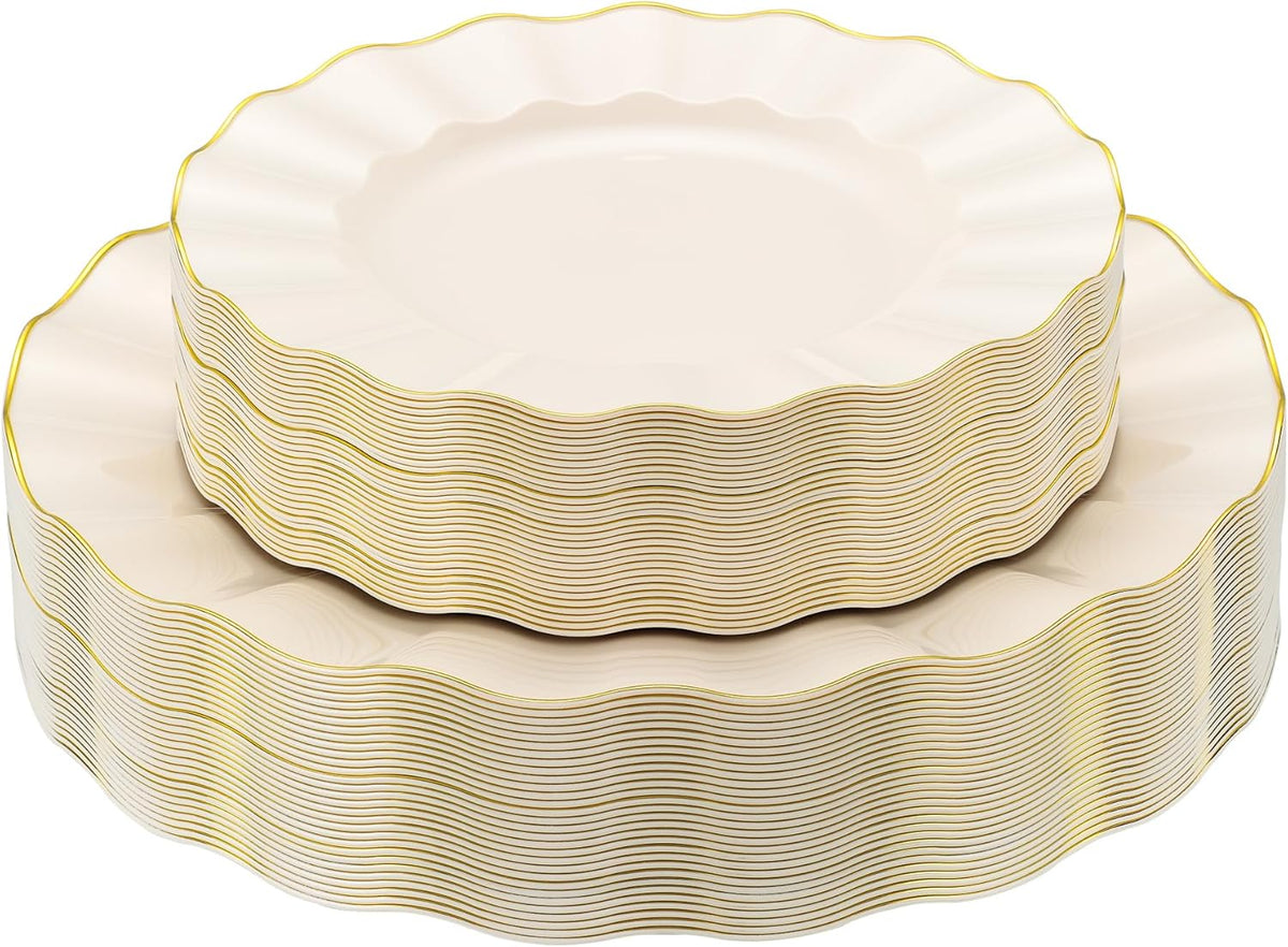 60Pcs Heavy Weight Ivory Plastic Plates with Gold Trim, Heavy Duty Wedding Plates, Elegant