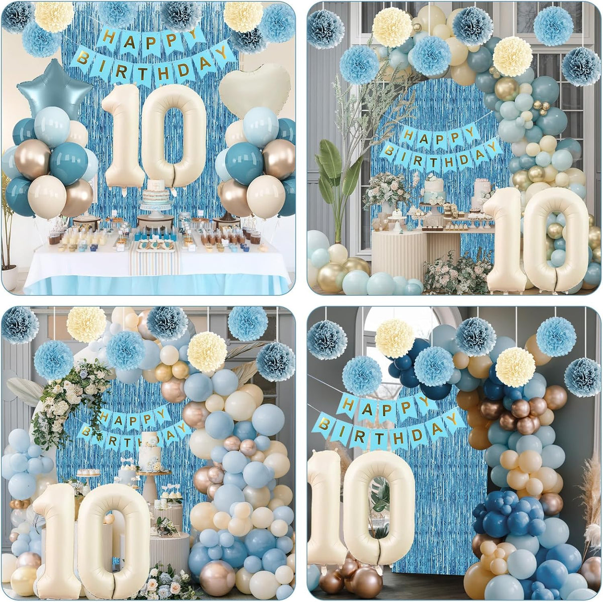 Dusty Blue 10th Birthday Party Decorations Boys Girls Beige Cream Number 10 Balloon with Blue Gold