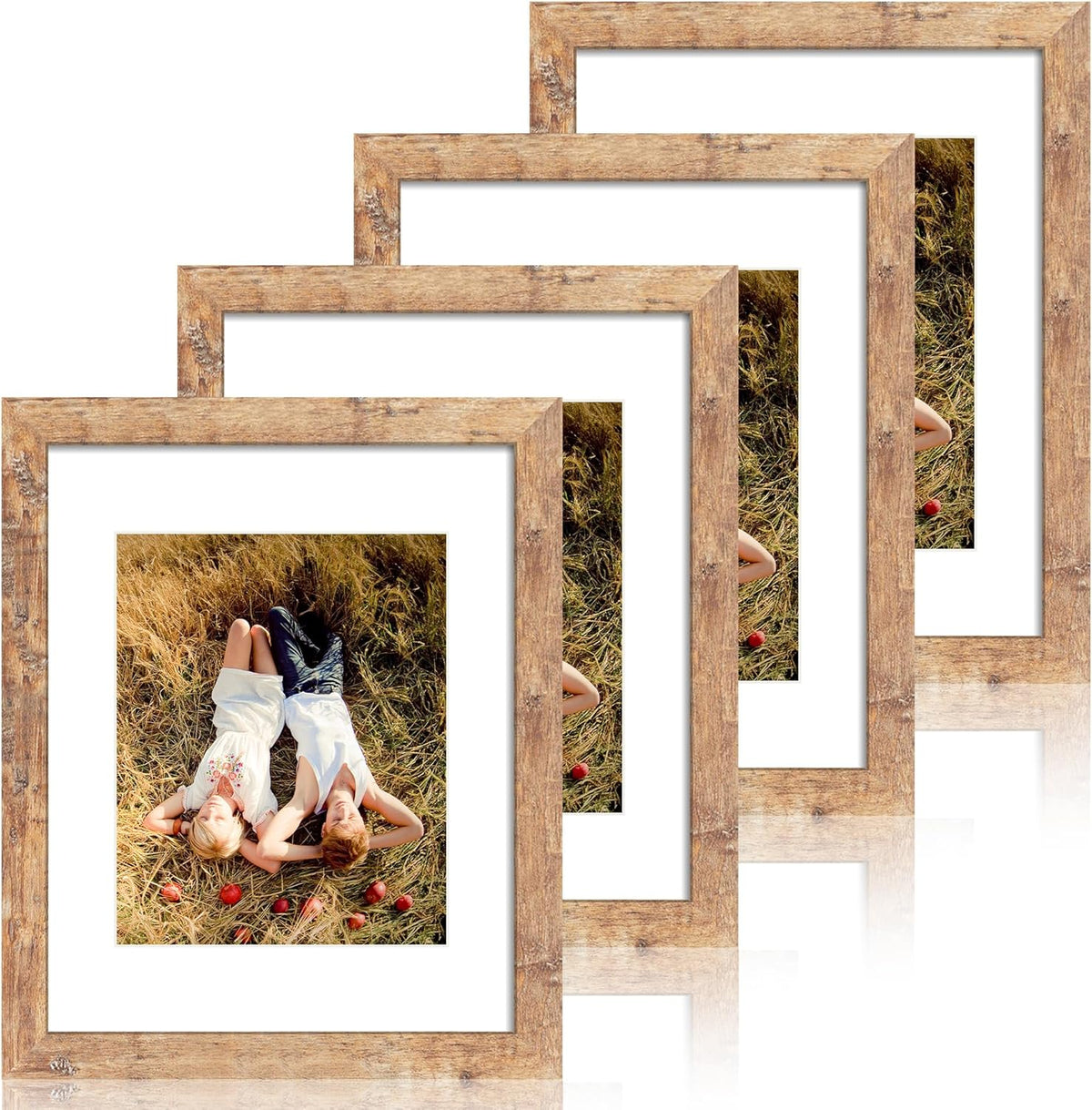 11x14 Picture Frame Set of 4 with Tempered Glass, Rustic Brown Frame Display 8x10 Pictures with Mat