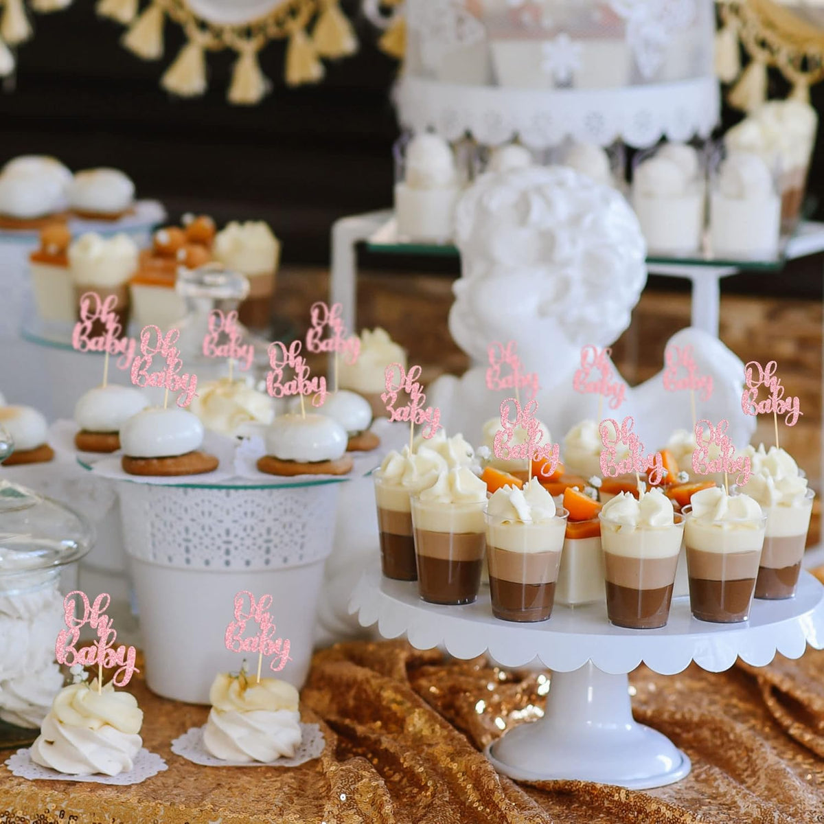 Gyufise 36 Pack Pink Glitter Oh Baby Cupcake Topper Picks for Baby Shower Party Cake Decorations