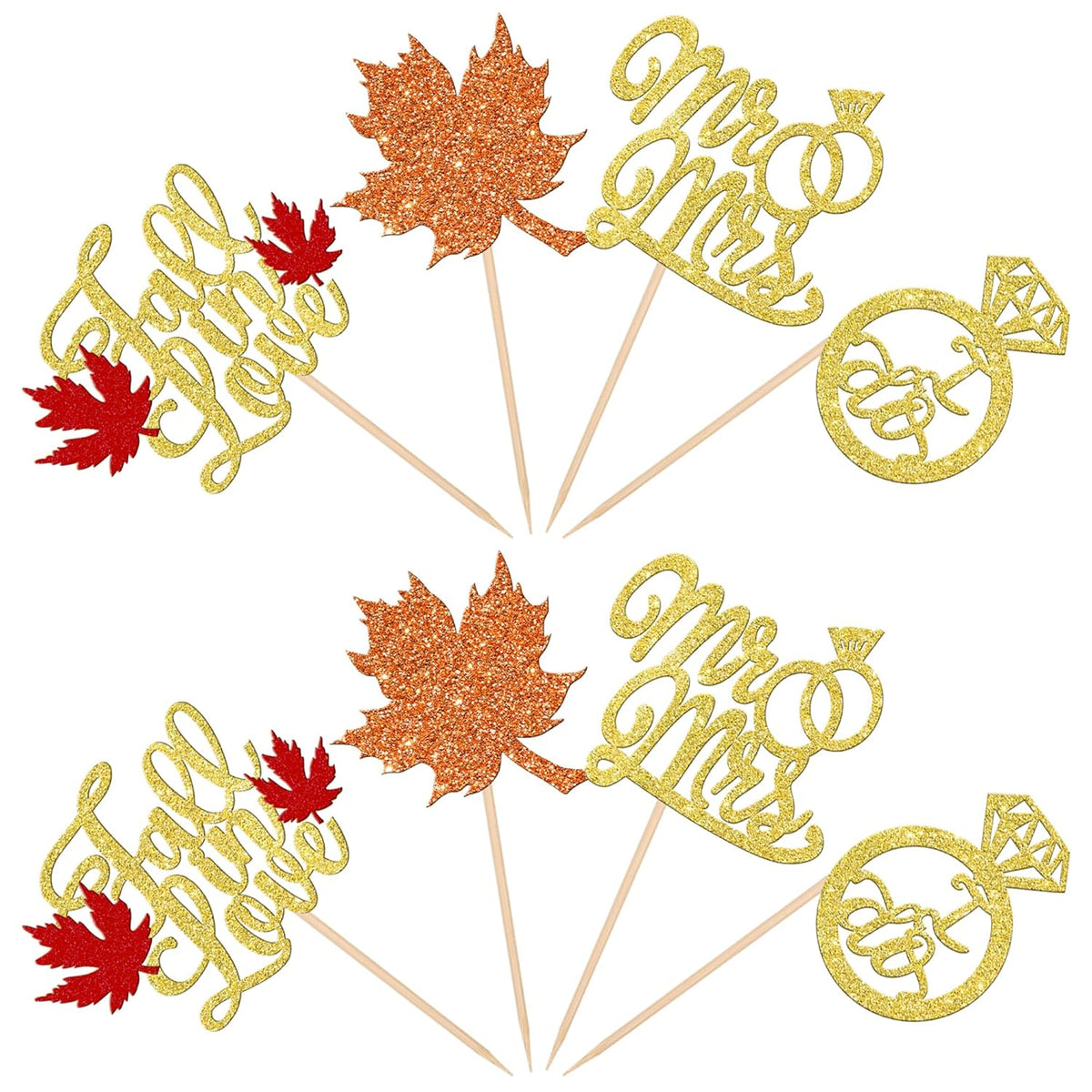 24 PCS Fall in Love Cupcake Toppers Glitter Maple Leaf Cupcake Picks Mr & Mrs Diamond I Do Cupcake