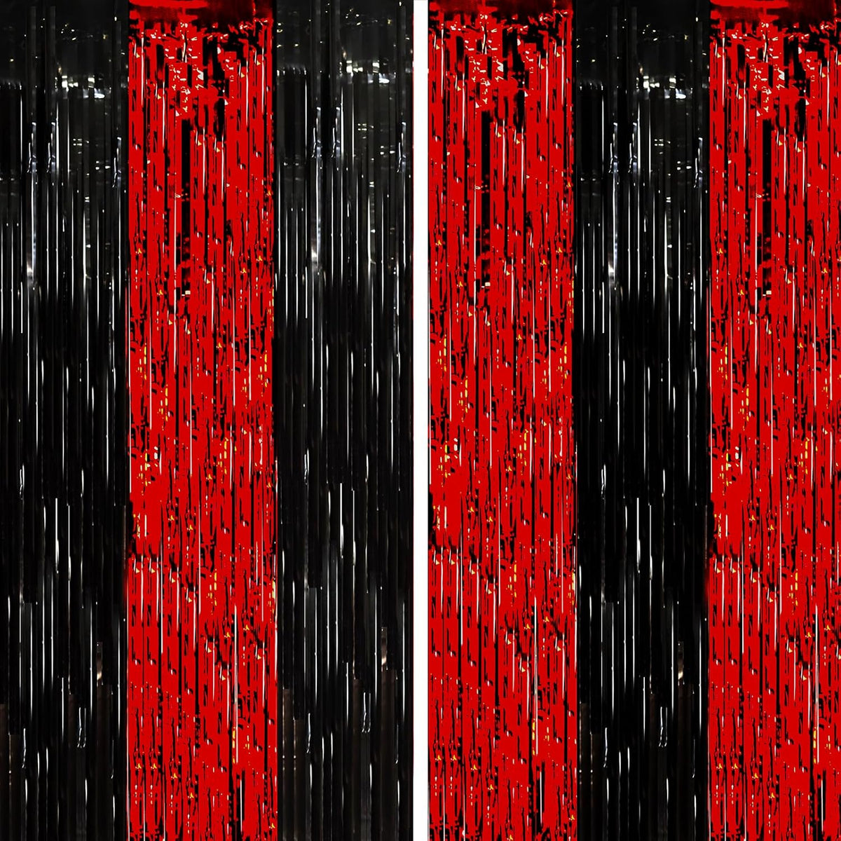 2 Pack Red and Black Tinsel Foil Fringe Curtains, Red and Black Party Decorations, Metallic Tinsel