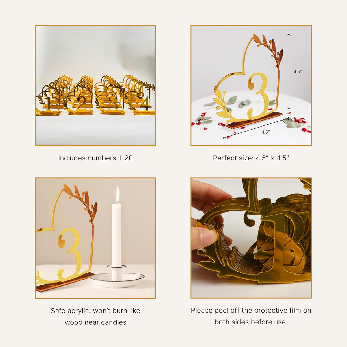 Gold Acrylic Heart-Shaped Table Numbers 1-20 for Weddings, Anniversaries, Parties, Birthdays