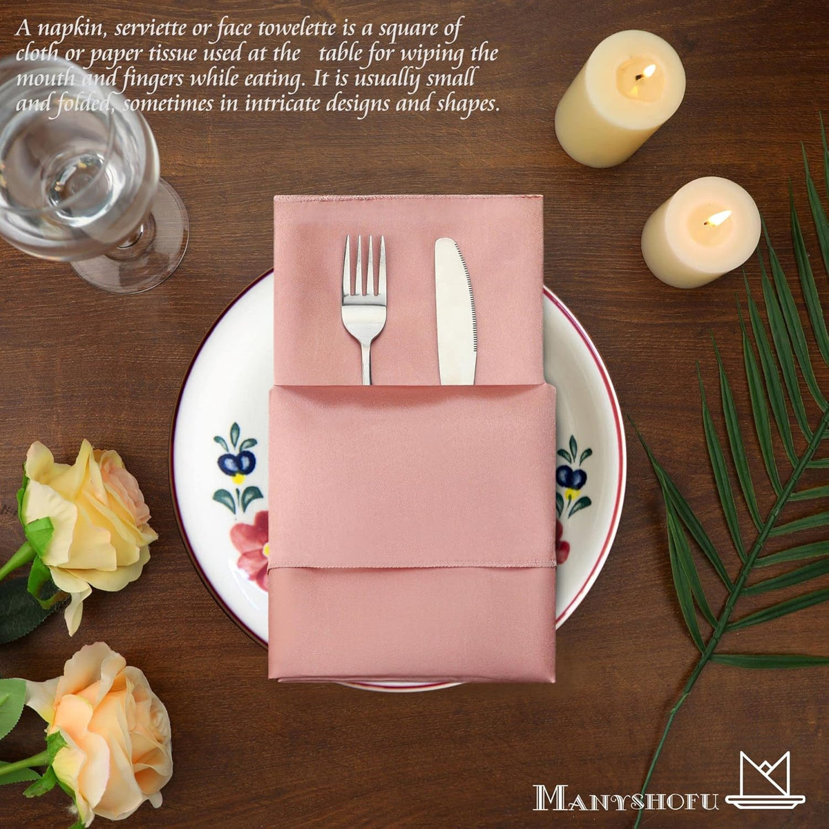 Manyshofu 50 Pieces Rose Gold Satin Napkins - 12x12 Inches Cloth Napkins, Square Satin Fabric
