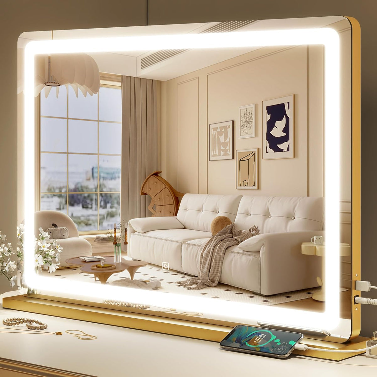 Gold Vanity Mirror with Lights, 32" x 22" Large Lighted Vanity Mirror with Dimmable 3 Modes, LED