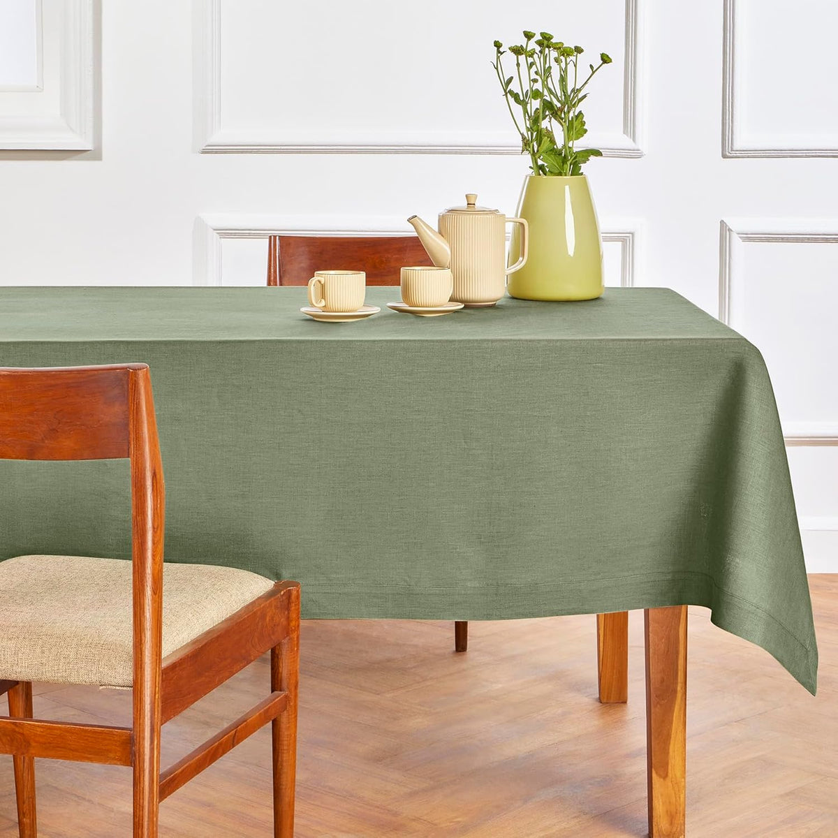 Solino Home Linen Tablecloth 60 x 90 Inch - 100% Pure Linen Oil Green Table Cloth for Rectangle