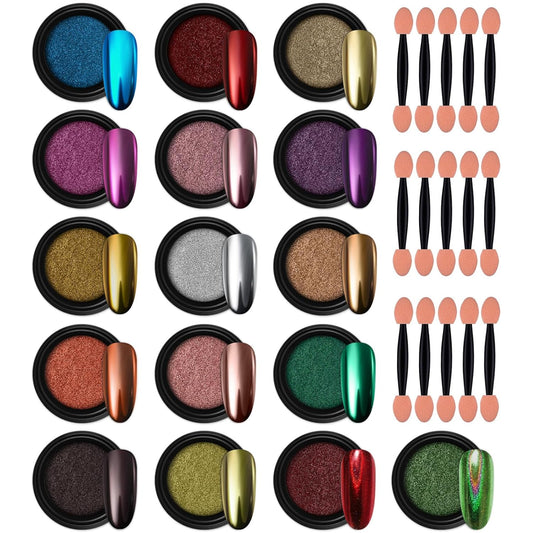 Artdone 16 Jars Chrome Nail Pearl Powder Silver and Gold Mirror Iridescent Aurora Metallic Nail