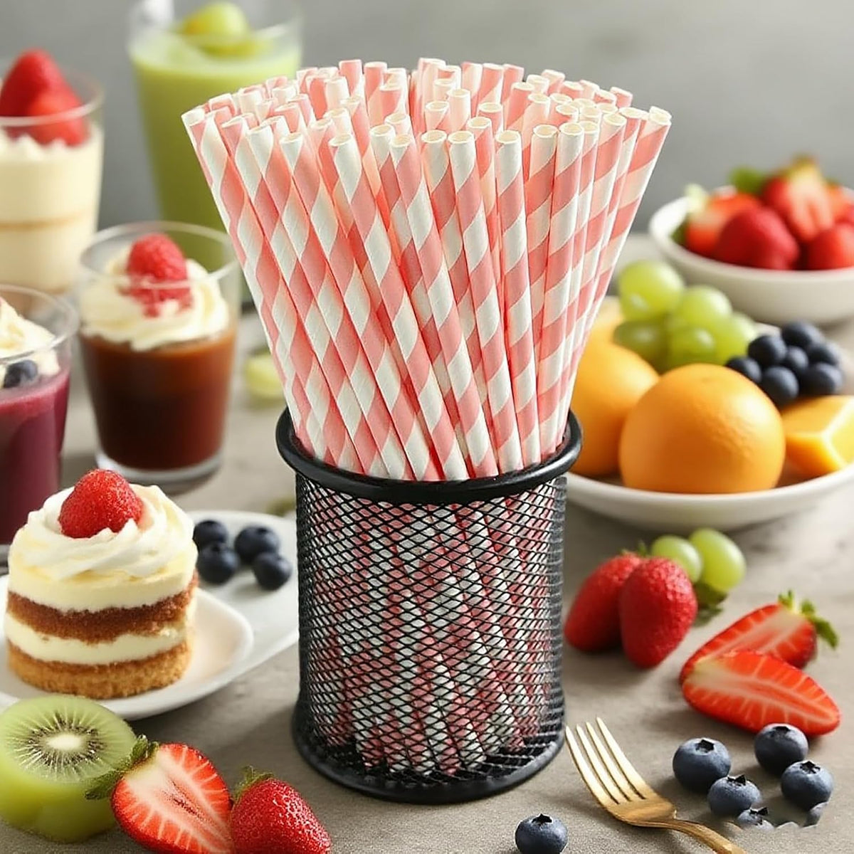 YAOSHENG pink Paper Straws for drinking, 100 Pack pink Striped paper straws for Party