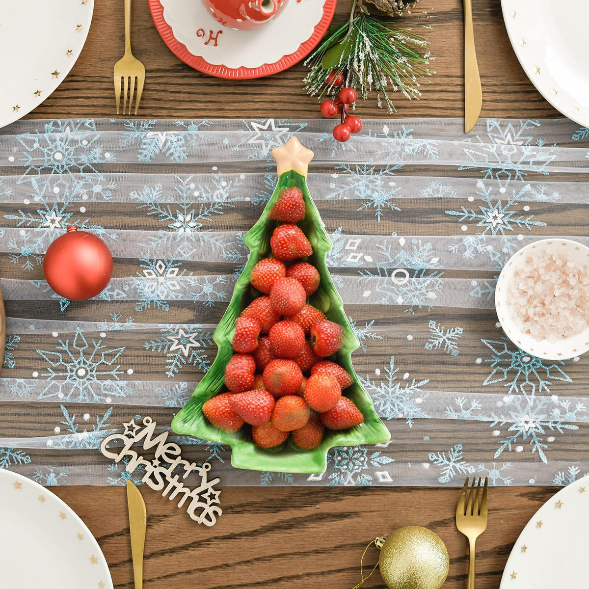 Artoid Mode Blue Snowflakes Merry Christmas Gauze Table Runner 120 Inch 10FT, Winter Seasonal Sheer