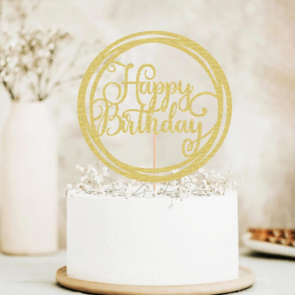 Happy Birthday Cake Topper - Golden Glitter Happy Birthday Cake Decoration Supplies for Children or