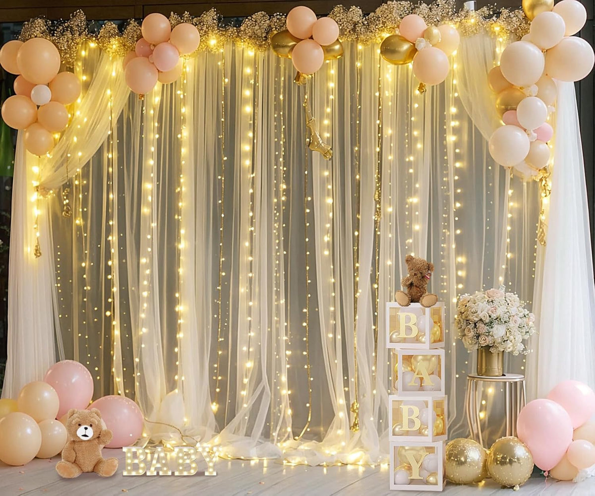 Champagne Sheer Backdrop Curtain with Lights String for Parites Wedding 20×10ft Tulle Backdrop