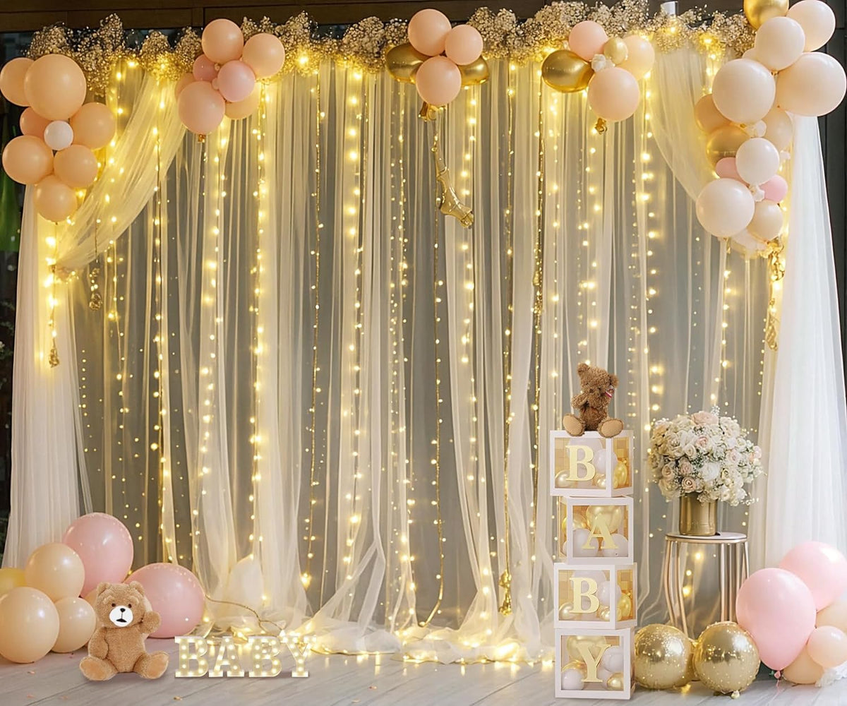 Champagne Tulle Backdrop Curtain with Lights String for Parites Wedding 10x8ft Champagne Sheer