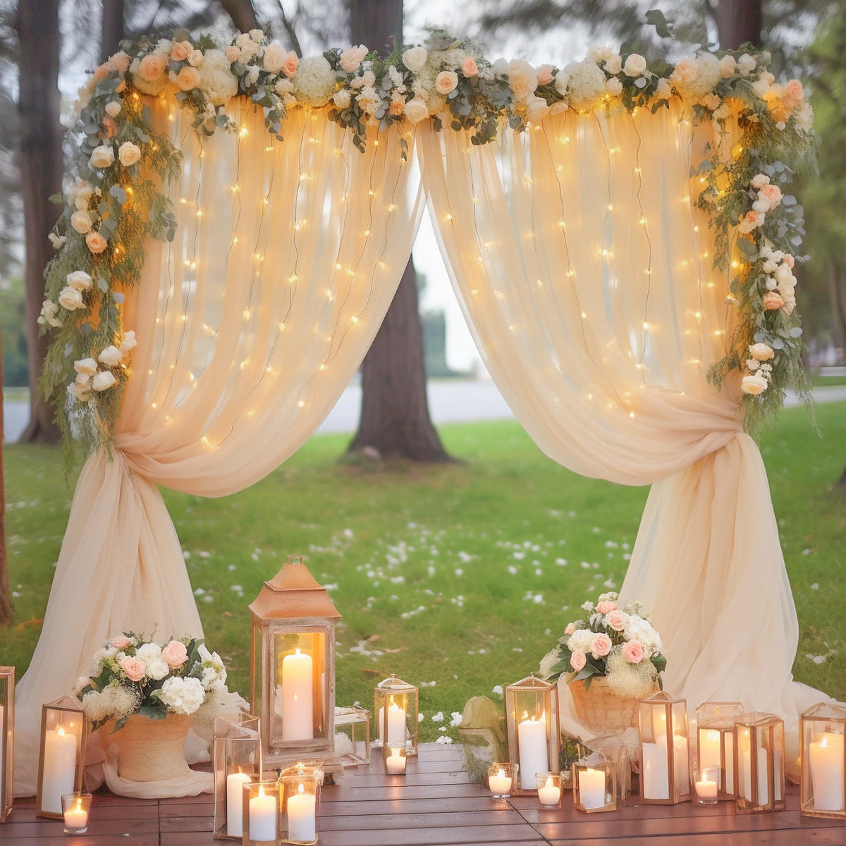 10x10ft Champagne Tulle Backdrop Curtain with Lights String for Parites, Sheer Backdrop Curtains