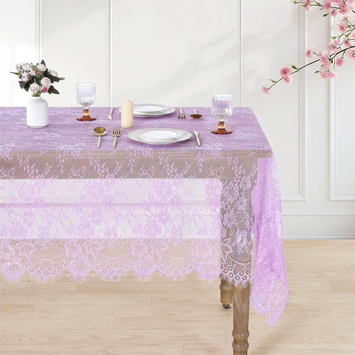 LuoluoHouse Sheer Lace Tablecloth Floral 6pcs Table Fabric 60x120 Inch for Rustic Party Wedding