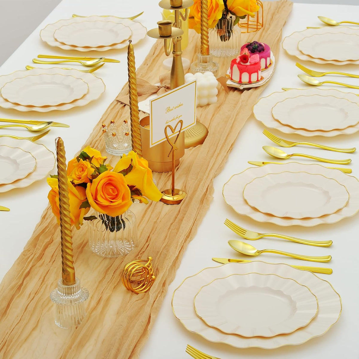 60Pcs Heavy Weight Ivory Plastic Plates with Gold Trim, Heavy Duty Wedding Plates, Elegant