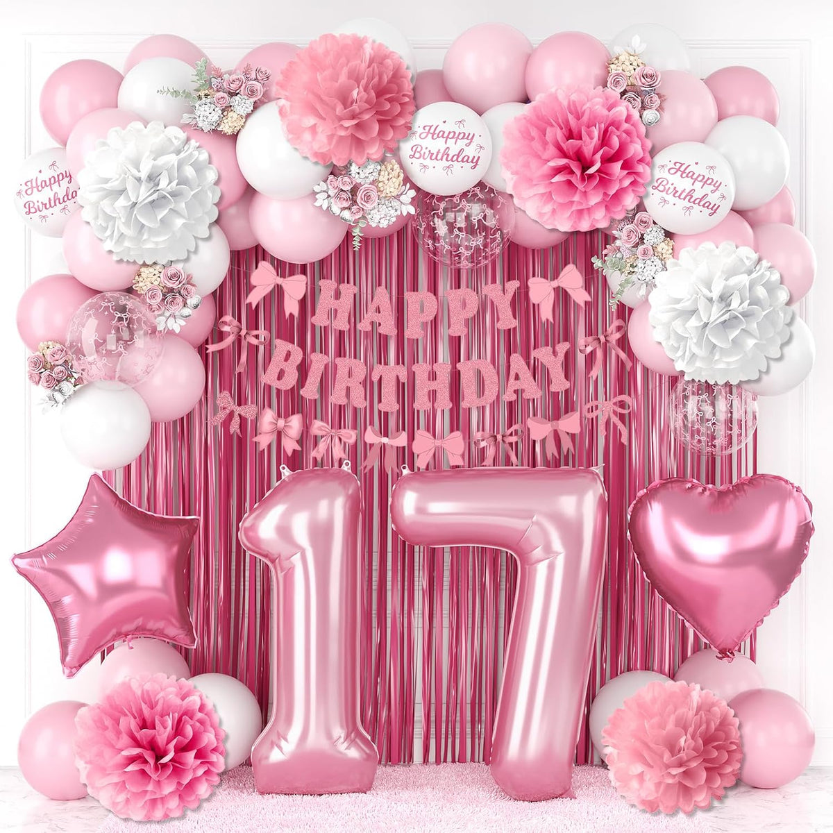 17th Birthday Decorations for Girls Pink Number 17 Balloon Bow Coquette Happy Birthday Banner