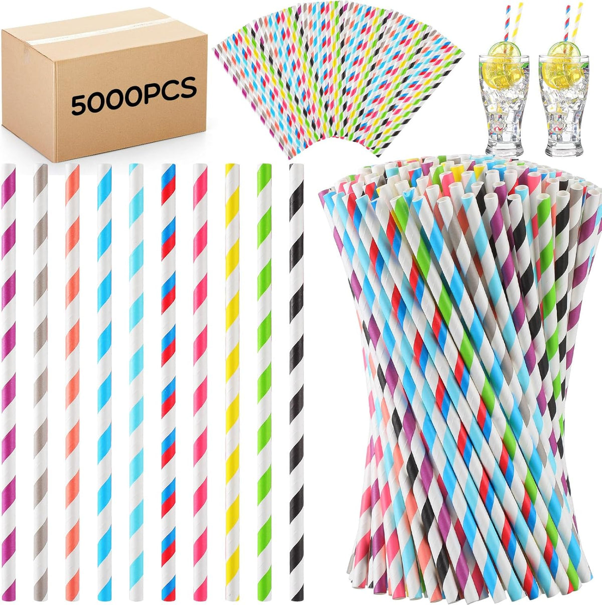 Eaasty 5000 Pcs Colored Paper Straws Bulk Disposable Striped Drinking Paper Straws for Summer