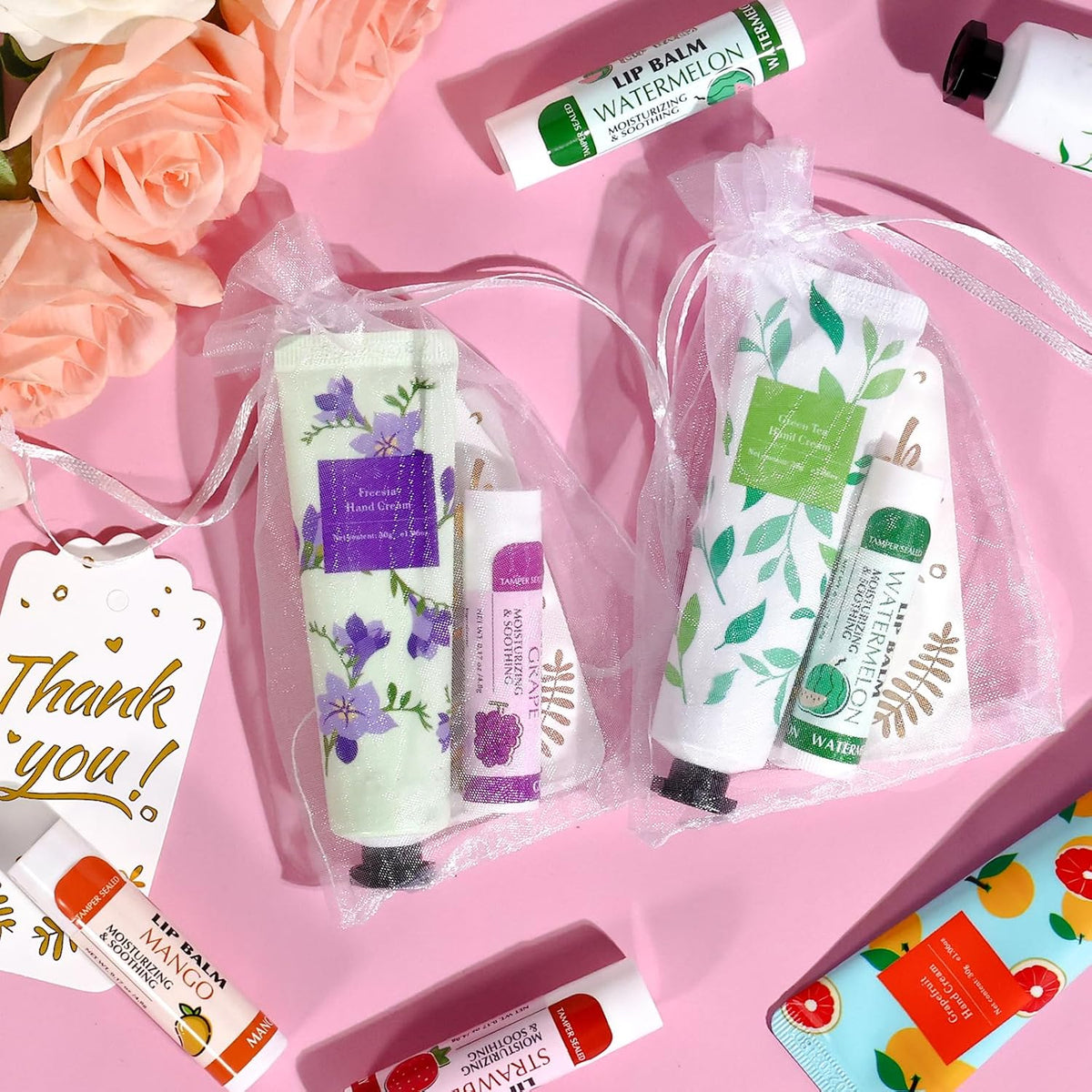 AZEN 24 Sets Bulk Gifts, Hand Cream and Lip Balm Bulk Set with Organza Bag Thank You Card, Baby