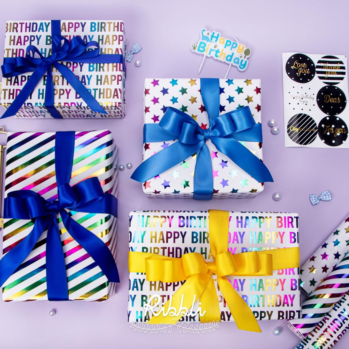 Ribbli Birthday Wrapping Paper 30 Inch Iridescent Gift Wrapping Paper 4 Rolls Happy Birthday Polka
