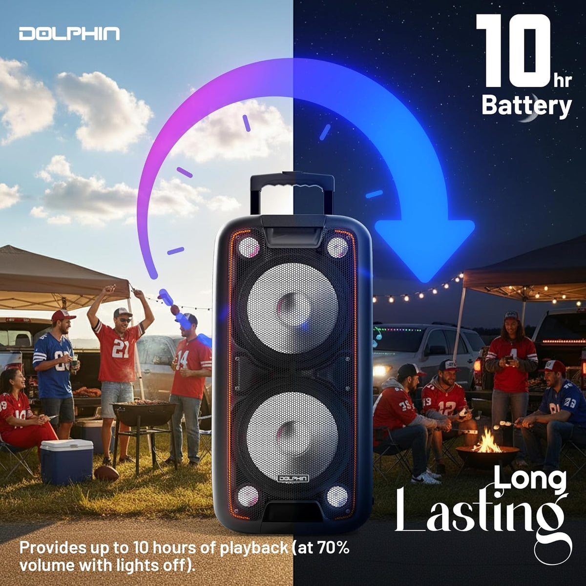 Dolphin 1000W Karaoke Party Speaker with 2 Wireless Microphones, Bluetooth, LED Lights, Tailgate