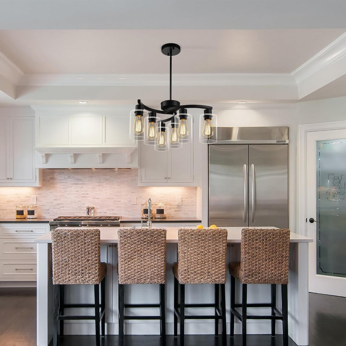 6-Light Modern Farmhouse Black Chandelier, Contemporary Dining Room Light Fixture, Adjustable